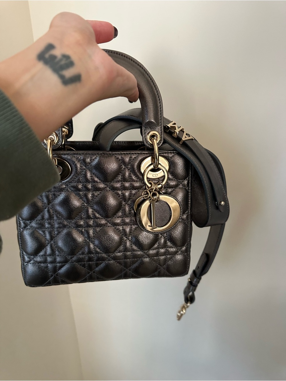 Dior Metallic Gray Cannage Mini Lady Bag with Gold Hardware